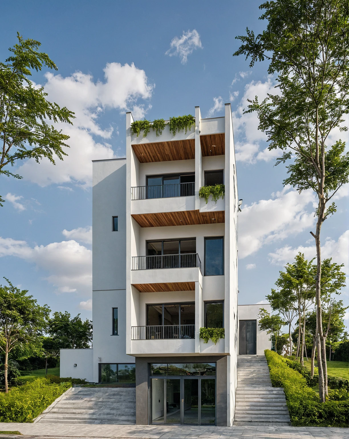Masterpiece, high quality, best quality, authentic, super detail, outdoors, onestoreyvillaXL, aiaigroup, house style modern on the street ,stairs, white wall ,road,pavement, grass, trees, sky, cloud, (daylight:1.1)