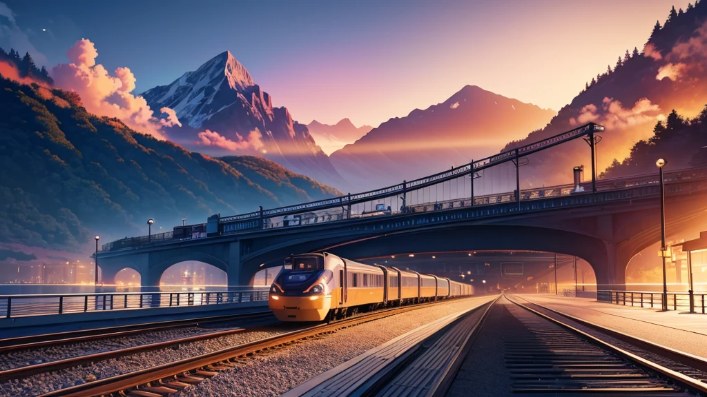 there is a train on the tracks going over a bridge, 4 k hd illustrative wallpaper, 4 k hd wallpaper illustration, detailed scenery —width 672, inspired by James Gilleard, photography of kurzgesagt, train station background, jen bartel, concept art wallpaper 4k, james gilleard artwork, in style of james gilleard
