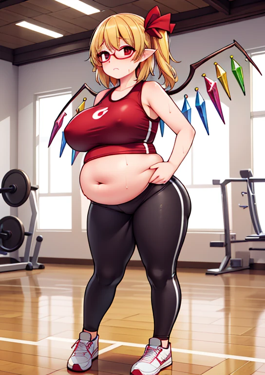 (masterpiece, best quality, highly detailed), 1girls, big belly, huge belly, art by kipteitei, round belly, chubby, curvy, belly grab, enormous belly, fat belly, thicc, bigger belly, really big belly, jiggly belly, glasses, gym clothes, ((sweating)), very tight breasts, ((full body)), flandre scarlet