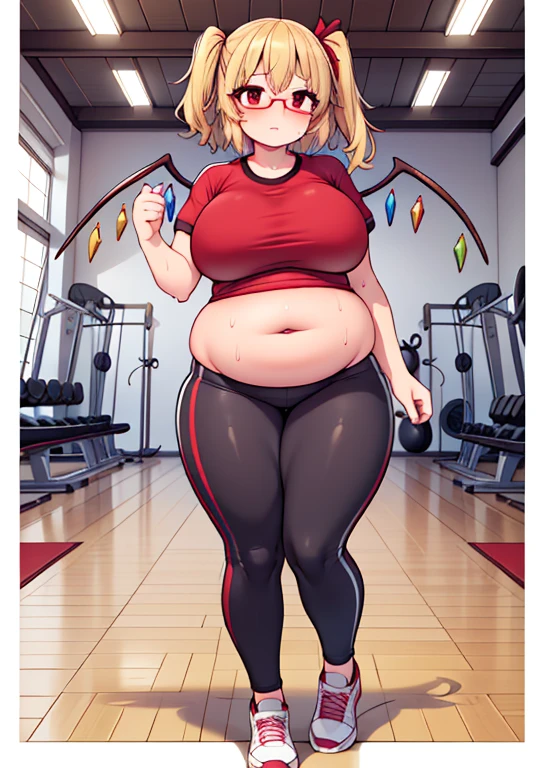 (masterpiece, best quality, highly detailed), 1girls, big belly, huge belly, art by kipteitei, round belly, chubby, curvy, belly grab, enormous belly, fat belly, thicc, bigger belly, really big belly, jiggly belly, glasses, gym clothes, ((sweating)), very tight breasts, ((full body)), flandre scarlet