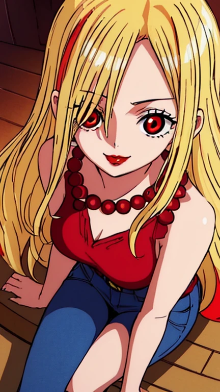 Beautiful anime girl, solo, 1girl, looking at viewer, cute, beautiful, red eyes, long hair, open hair, blonde hair, braided hair, smiling, light skin, red lips, anime, best quality, masterpiece, extremely detailed, 4k, red eyes, beautiful red eyes, detailed face, detailed eyes, golden necklace, golden earings, extremely beautiful, high quality eyes, ((hair covering one eye)), wanostyle, ((masterpiece)), (best quality), (extremely detailed), depth of field, sketch, dark intense shadows, sharp focus, soft lighting, hdr, colorful, good composition, spectacular, (Highest quality illustrations:1.2), (Kawaii Girl:1.1), (1girl in, solo:1.5), One pose、Neat and clean image、ultradetailed eyes:1.2), ((red-eyed、Blonde hair:1.5))、hair wavy、curlyhair, hair wavy、BREAK(top-quality、ultra-detailliert、highly detailed and beautiful、超A high resolution、Detailed arm:1.2), Wink, luxury room background, pirate, high quality jewelry, upper body, red shirt, blue jeans, knees up, sitting, heels, sideways,