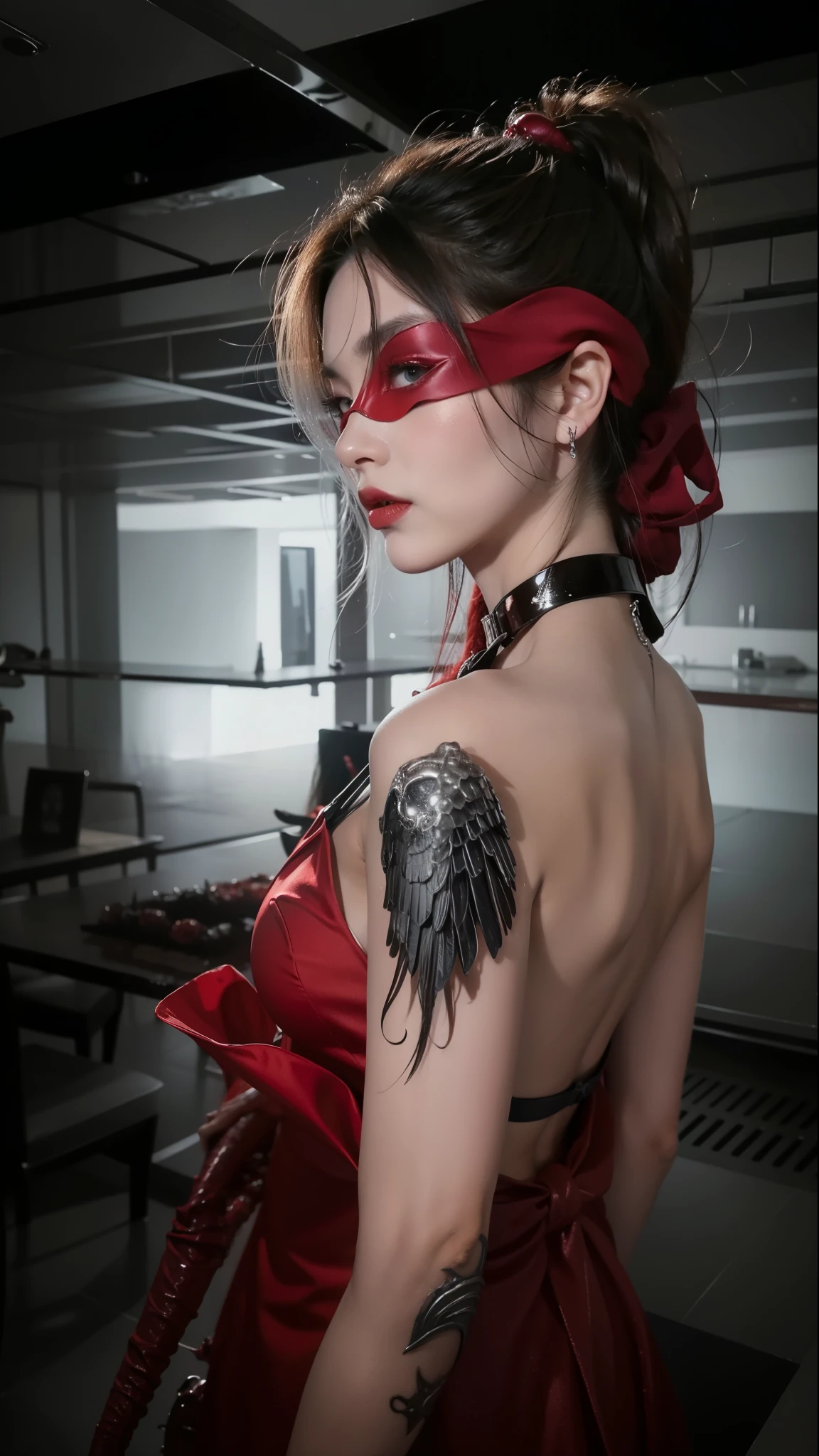 NSFW style,Delicate gloss,Box full of swords images,wing, Succubus Theme,Fallen Angel,Excellent,scary,Secret Terror,Tentacles,With eyes,Uncanny Valley Effect,Beast Blood Moon,skeleton,vampire,Hellfire,Demon Angel,Silver Jewelry,eyes like sapphires,Milky Way Eye,Wearing a red eye mask,The arm has,Standing sideways