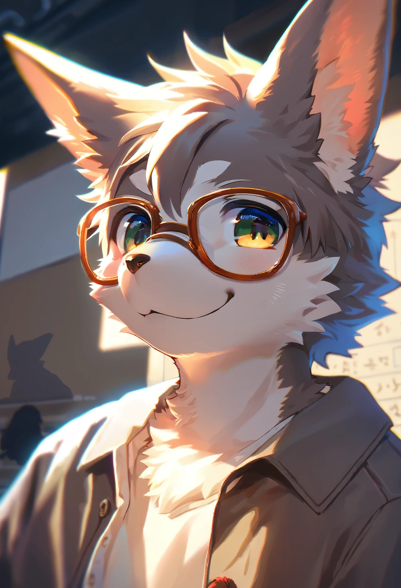 highres, paid reward available, unparalleled masterpiece, street(highly detailed beautiful face and eyes)absurdres, perfect anatomy, good lighting, volumetric lighting, cinematic shadow(angelic handsome 1boy, kemono, solo focus, single, Smiling embarrassedly, glasses)(furry anthro:1.7)(Furry body, dog facial features, dog body features)(very detailed body fur)Handouts((college professor))Dirty lab coat, class, Difficult formulas, white board,