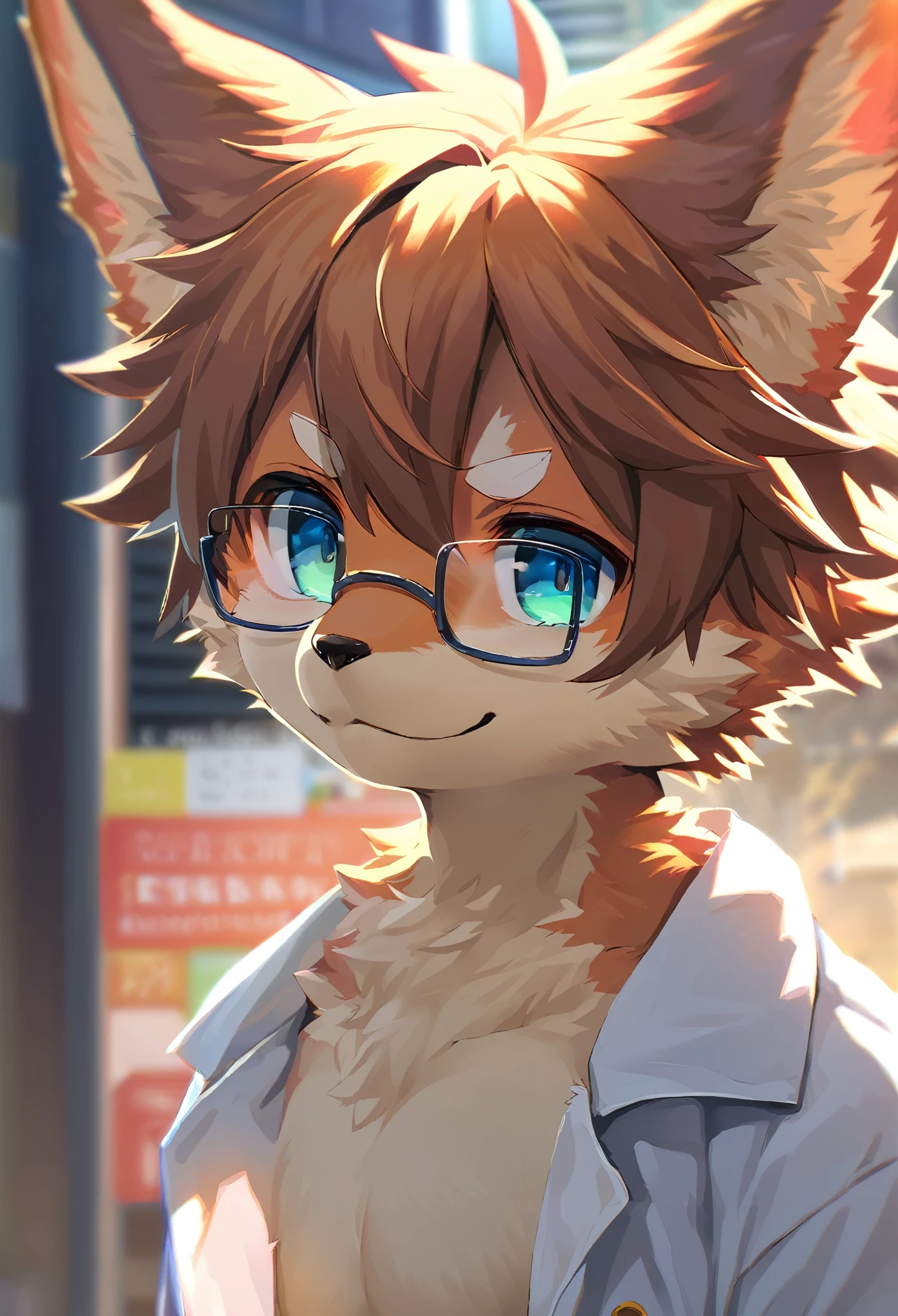 highres, paid reward available, unparalleled masterpiece, street(highly detailed beautiful face and eyes)absurdres, perfect anatomy, good lighting, volumetric lighting, cinematic shadow(angelic handsome 1boy, kemono, solo focus, single, Smiling embarrassedly, glasses)(furry anthro:1.7)(Furry body, dog facial features, dog body features)(very detailed body fur)Handouts((college professor))Dirty lab coat, class, Difficult formulas, white board,