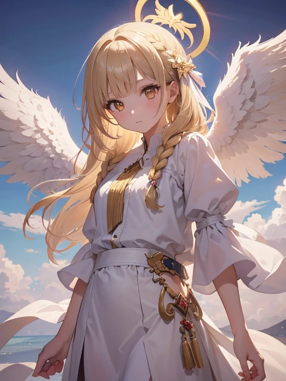 masterpiece, highest quality, Very detailed, 16k, Ultra-high resolution, Cowboy Shot, One 9-year-old girl, Detailed face, Perfect Fingers, Angel halo on head, Golden Eyes, Blonde, Braid, Thin and light clothing, Angel wings growing on the back, Above the Clouds, temple, Fantastic landscape, Flying on angel wings