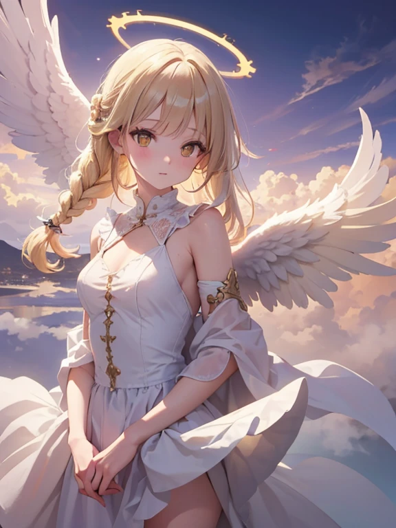 masterpiece, highest quality, Very detailed, 16k, Ultra-high resolution, Cowboy Shot, One ***************, Detailed face, Perfect Fingers, Angel halo on head, Golden Eyes, Blonde, Braid, Thin and light clothing, Angel wings growing on the back, Above the Clouds, temple, Fantastic landscape, Flying on angel wings