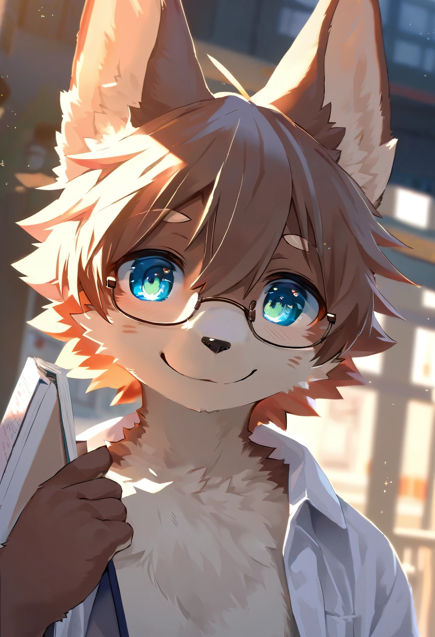 highres, paid reward available, unparalleled masterpiece, street(highly detailed beautiful face and eyes)absurdres, perfect anatomy, good lighting, volumetric lighting, cinematic shadow(angelic handsome 1boy, kemono, solo focus, single, Smiling embarrassedly, glasses)(furry anthro:1.7)(Furry body, dog facial features, dog body features)(very detailed body fur)Handouts((college professor))Dirty lab coat, class, Difficult formulas, white board,