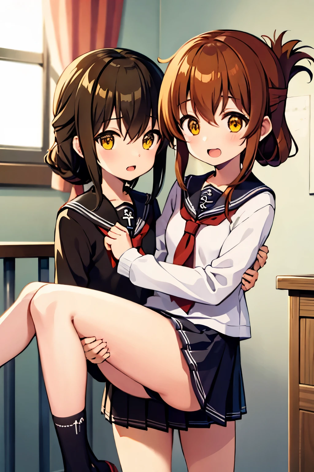 long hair, looking at viewer, blush, smile, open mouth, multiple girls, skirt, brown hair, shirt, long sleeves, 2girls, hair between eyes, brown eyes, , yellow eyes, white shirt, pleated skirt, serafuku, socks, indoors, black skirt, sailor collar, neckerchief, pillow, kneehighs, window, curtains, black socks, carrying, red neckerchief, black sailor collar, folded ponytail, anchor symbol, princess carry, inazuma \(kancolle\),