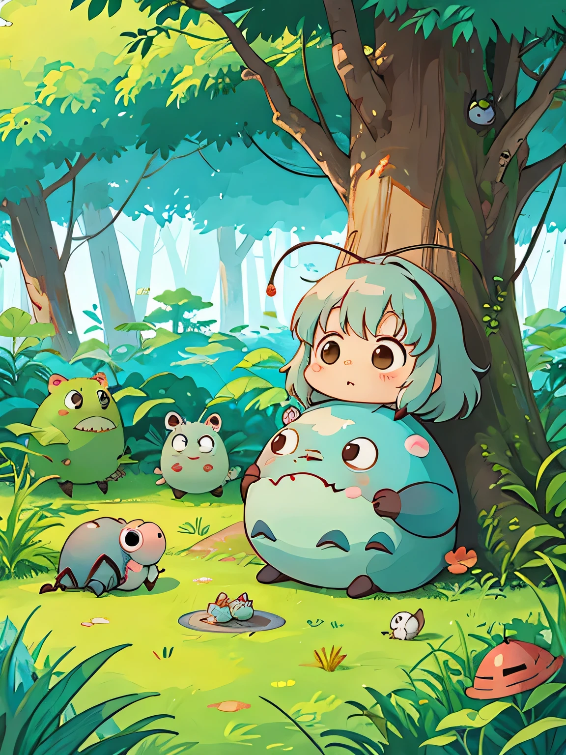 hayao miyazaki style, Kawaii Design, The most beautiful girl of all time、Chibi, Cute and colorful pillbugs、play together、Lots of pillbugs、Totoro Forest