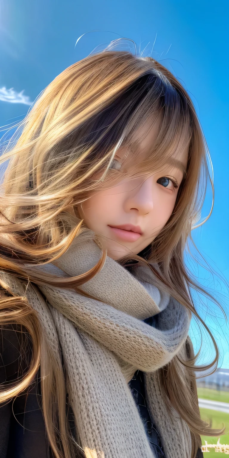 ((hair blowing in the wind、no makeup:1.2))、(realistic、Photoreal、Super detailed、best detailed skins、highest quality、masterpiece、超A high resolution)、cute russian woman、14 years、high school girl、young girl、1 girl、have bangs、ash blonde:1.7、double eyelid、drooling eyes、Japanese style face、purity、realistic skin type、thick muffler、Gray muffler、fluffy hair、((There&#39;hair in scarf:1.3))、red cheeks、The wind is blowing、that&#39;It&#39;s snowing、night、illumination、Lighting from behind、hair blowing in the wind、((Antarctica、A meteor shower、A world view of the aurora))