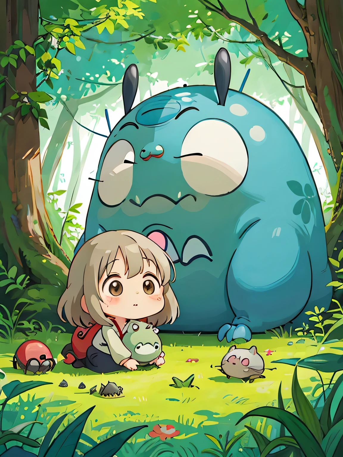 hayao miyazaki style, Kawaii Design, The most beautiful girl of all time、Chibi, Cute and colorful pillbugs、play together、Lots of pillbugs、Totoro Forest