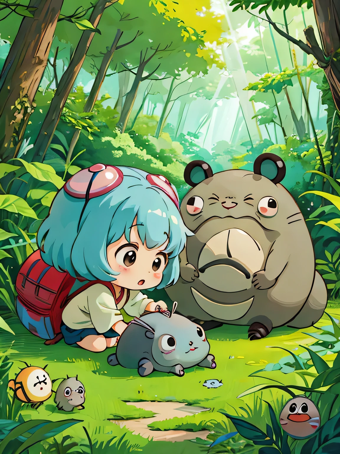 hayao miyazaki style, Kawaii Design, The most beautiful girl of all time、Chibi, Cute and colorful pillbugs、play together、Lots of pillbugs、Totoro Forest