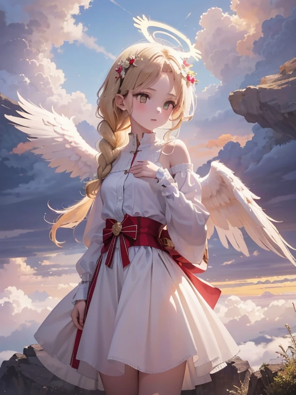 masterpiece, highest quality, Very detailed, 16k, Ultra-high resolution, Cowboy Shot, One , Detailed face, Perfect Fingers, Angel halo on head, Golden Eyes, Blonde, Braid, Thin and light clothing, Angel wings growing on the back, Above the Clouds, temple, Fantastic landscape, Flying on angel wings