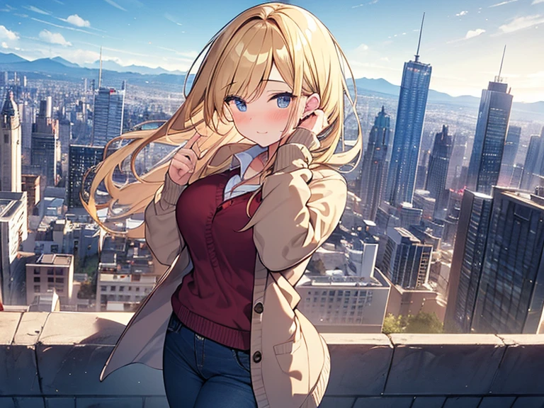 Masterpiece, Top quality, 1 beautiful girl, Blonde, slicked back hair, straight hair, 25 year old, standard weight, medium breasts, jeans, cardigan, chuckle, blush, beautiful scene of city, blurry background, magnificent panorama view, dynamic pose, from above