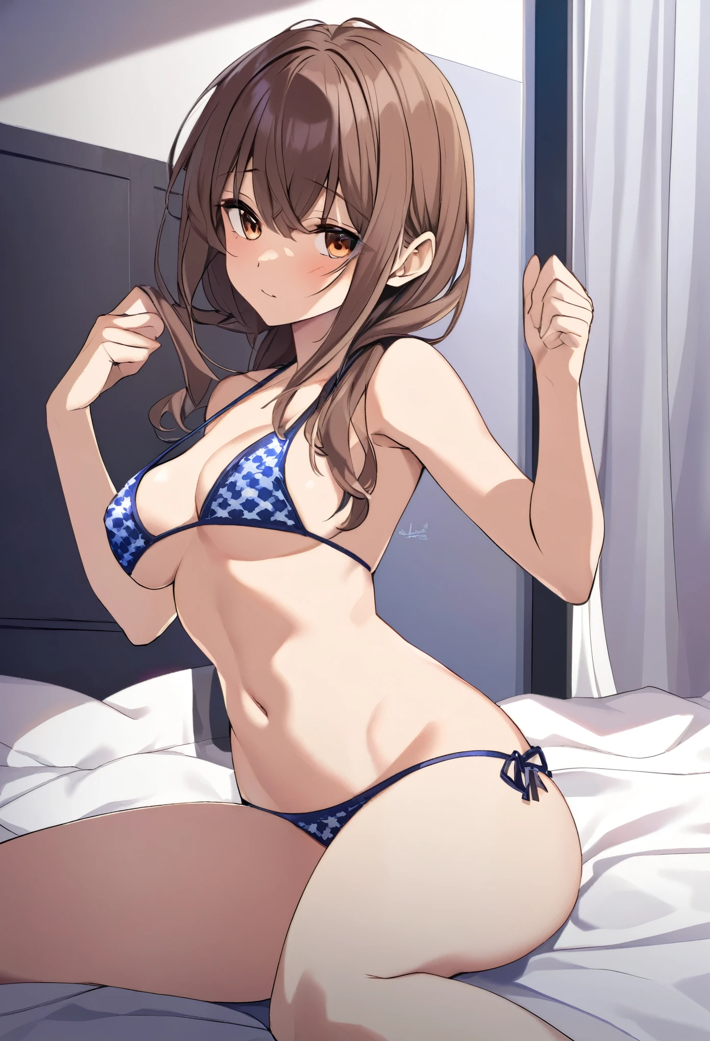 Russian brown color hair face big bikini bed room seductive emotion