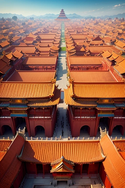 The Forbidden City is traditionally red in color., Central perspective and focus. Highlight the golden details and symbolic elements of royal architecture. Create images that convey respect for Chinese culture.