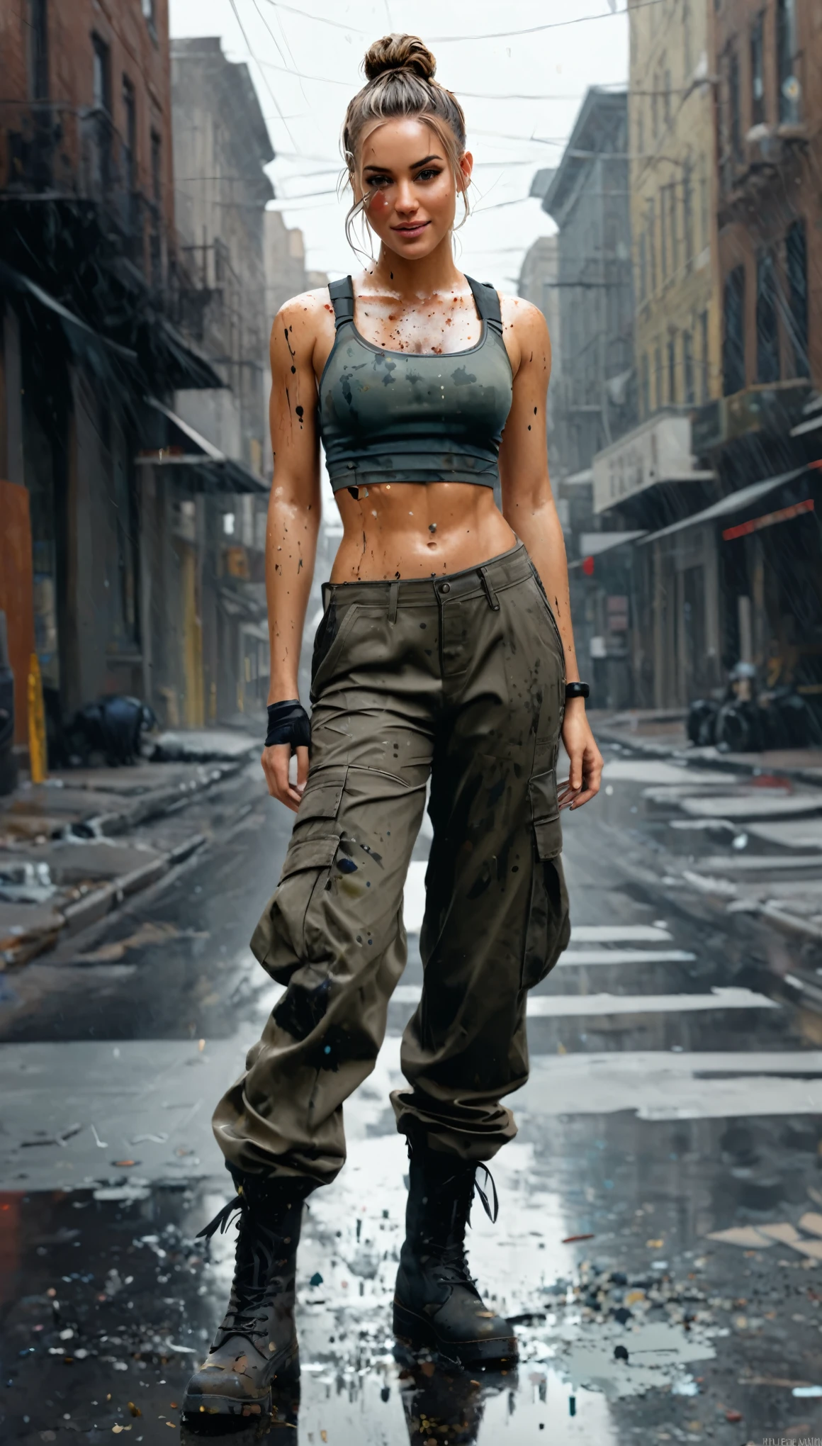 samdoesarts; award winning half body portrait of a beautiful woman in a croptop and cargo pants, military boots, standing on the street faint smile,  paint splashes, hair in a bun, splatter, outrun, vaporware,  digital art, trending on artstation, highly detailed, fine detail, intricate by Jeremy Mann, matth�us merian the elder, Pino Daeni, robert rauschenber, by beksinski