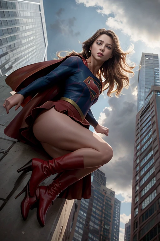 real, atmospheric scene, masterpiece, best quality, (detailed face, detail skin texture, ultra-detailed body),(cinematic light),
1girl, s0p3r6m3l1s4-smf, superhero, solo, cape, brown hair, realistic, bodysuit, animification, skirt, flying, blonde hair, arm up, buildings, sky, clouds, sun light, upskirt view, skirt lift, under view, panties focus