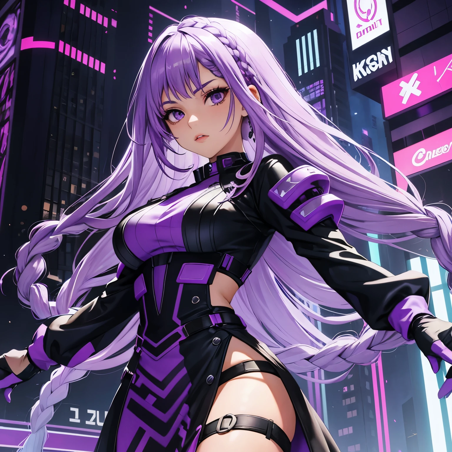 24 year old girl, light purple long braided hair with a stronger purple to blue highlight, purple eyes, futuristic cyberpunk black dress, white glove until upper arm