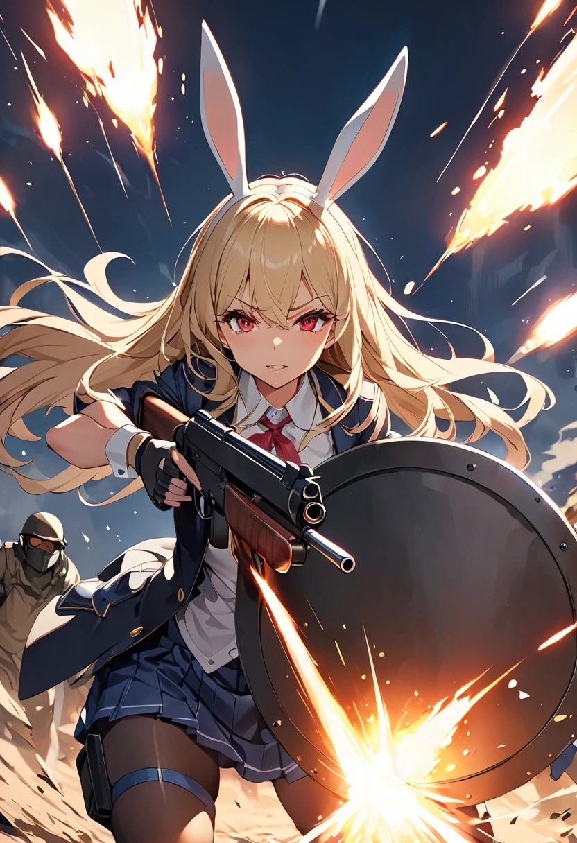 masterpiece、highest quality、Ultra-high resolution、Maximum resolution、Very detailed、Professional Lighting、anime、woman、thin、so beautiful、Bunny girl、Have a shotgun、Firing at enemies、Red Eye、Blonde、long hair、Fingerless gloves、Equipped with shooting glasses、Alone on the battlefield、Equipped with a large shield、Avoidance behavior