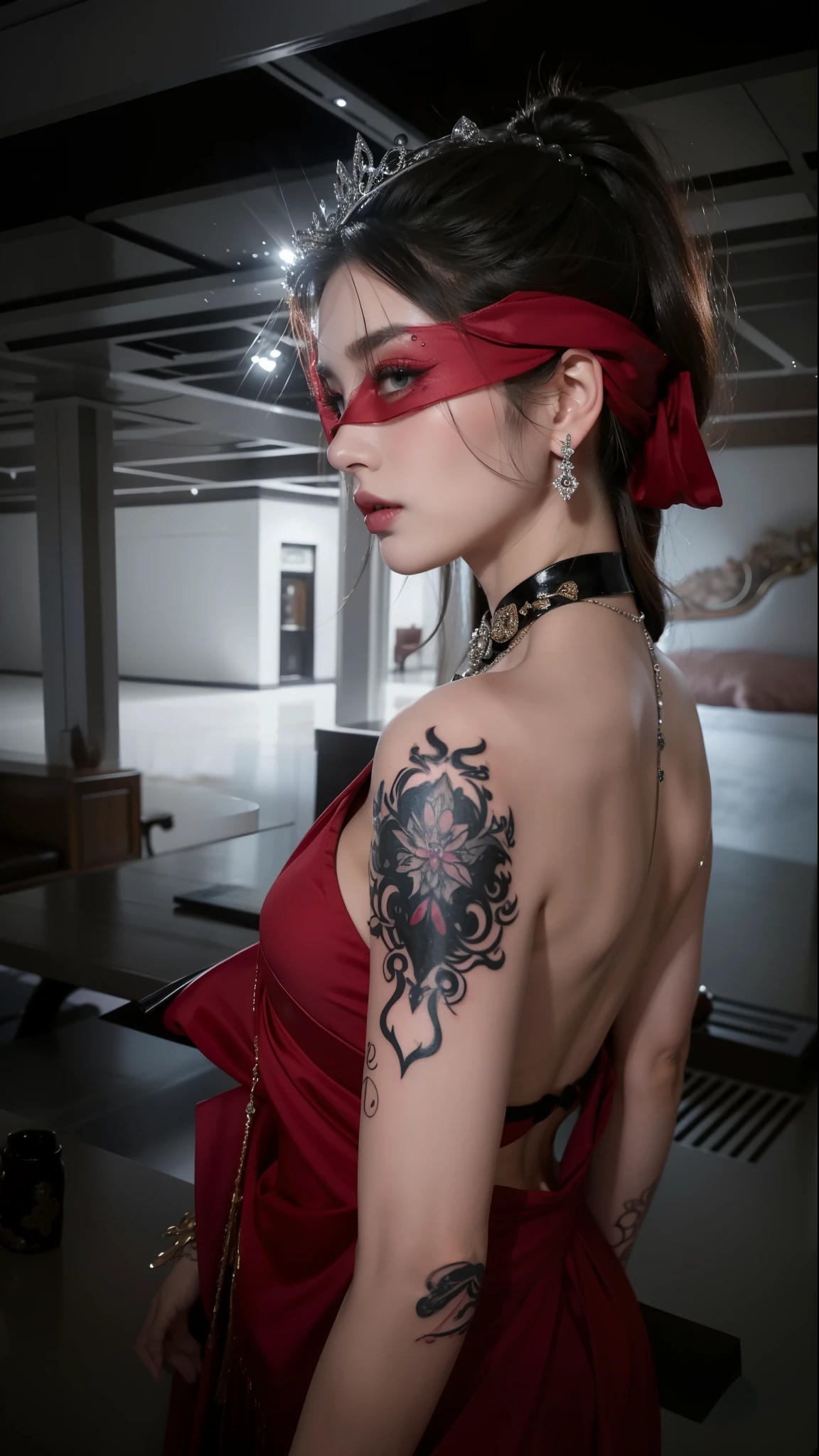 Royal sisters,Exquisite eyes,Snow Queen,Put the crown on your head,Detailed facial expressions body,Tall and big,Glamorous characters,Leg length,4K,HD,Sensual,White translucent lace,白皙Full picture,Little cherry mouth,Beautiful and cute,Full picture,Glossy Gel Coat,Vampire Queen in luxurious robes,Have a tattoo(Intricate tattoo designs),Rich facial details,Wear gorgeous jewelry,Royal princess,Sparkling gemstone necklace,Standing sideways,Have a tattoo,Wearing a red eye mask
