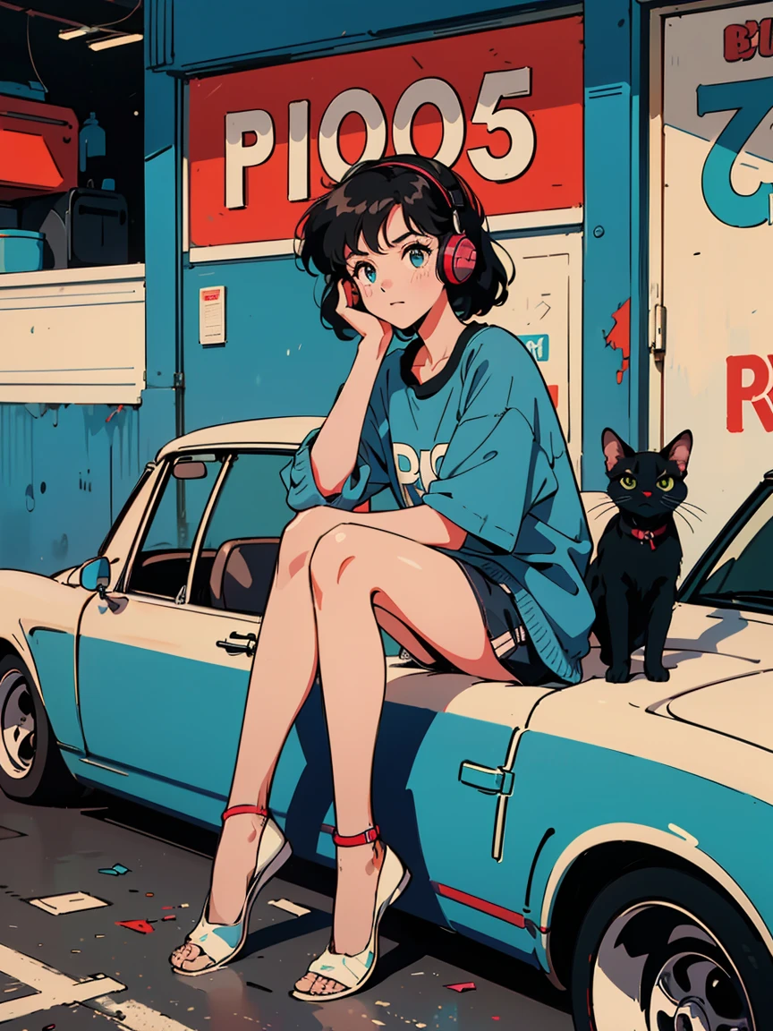 Anime style short hair girl, Wavy hair and expressive big eyes, Wear casual clothing，Wearing red headphones. She sat in a messy garage，A blue Porsche 911 retro car front. Garage with neon sign, Color poster, And various tools scattered around. The black cat sat next to her, Adds a nostalgic 80s urban pop vibe.