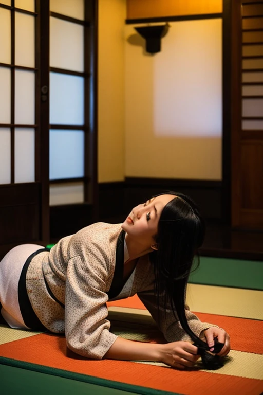 Please create an image using the image below.。

·background：A dimly lit Japanese-style room, a beautiful woman with long black hair, wearing a sexy yukata, crawling on all fours, looking at the camera with her eyes looking up, and having the vibe of a zashiki warashi (a type of spirit).