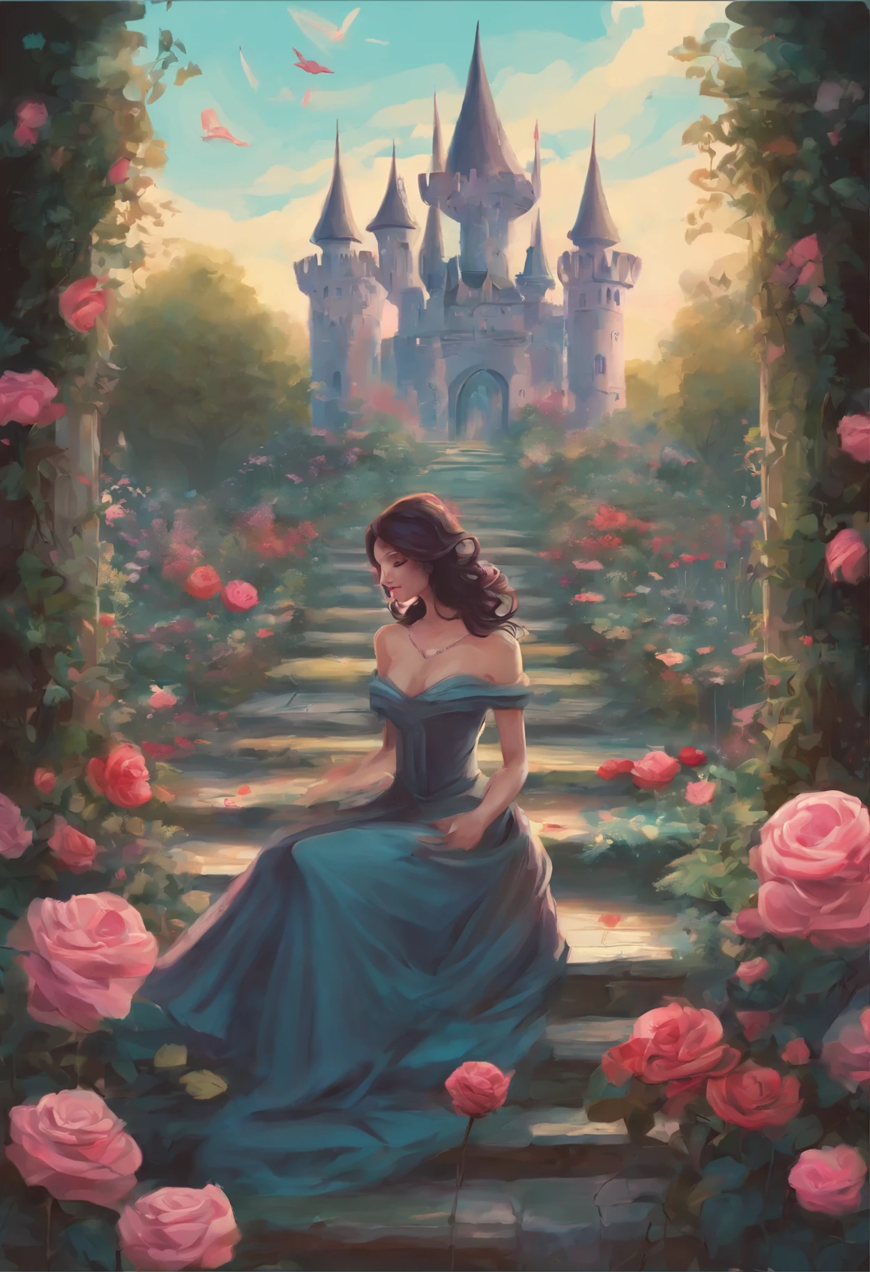 painting of a woman sitting in a garden with roses and a castle, a surrealist painting inspired by Joe Fenton, tumblr, pop surrealism, fairytale painting, fairytale artwork, jen bartel, wonderland portal, beeple and jeremiah ketner, evil realm magic painting vibes, detailed 3d gothic oil painting, whimsical fantasy landscape art, magical realism style, intricate fantasy painting