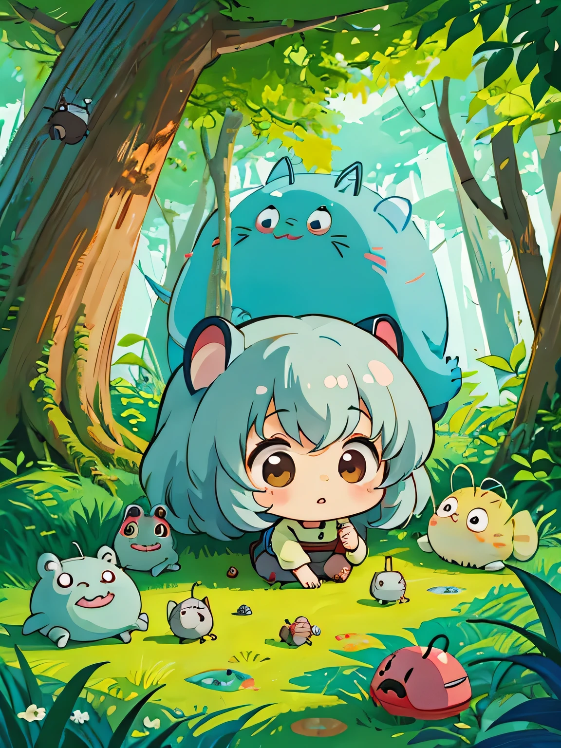 hayao miyazaki style, Kawaii Design, The most beautiful girl of all time、Chibi, Cute and colorful pillbugs、play together、Lots of pillbugs、Totoro Forest