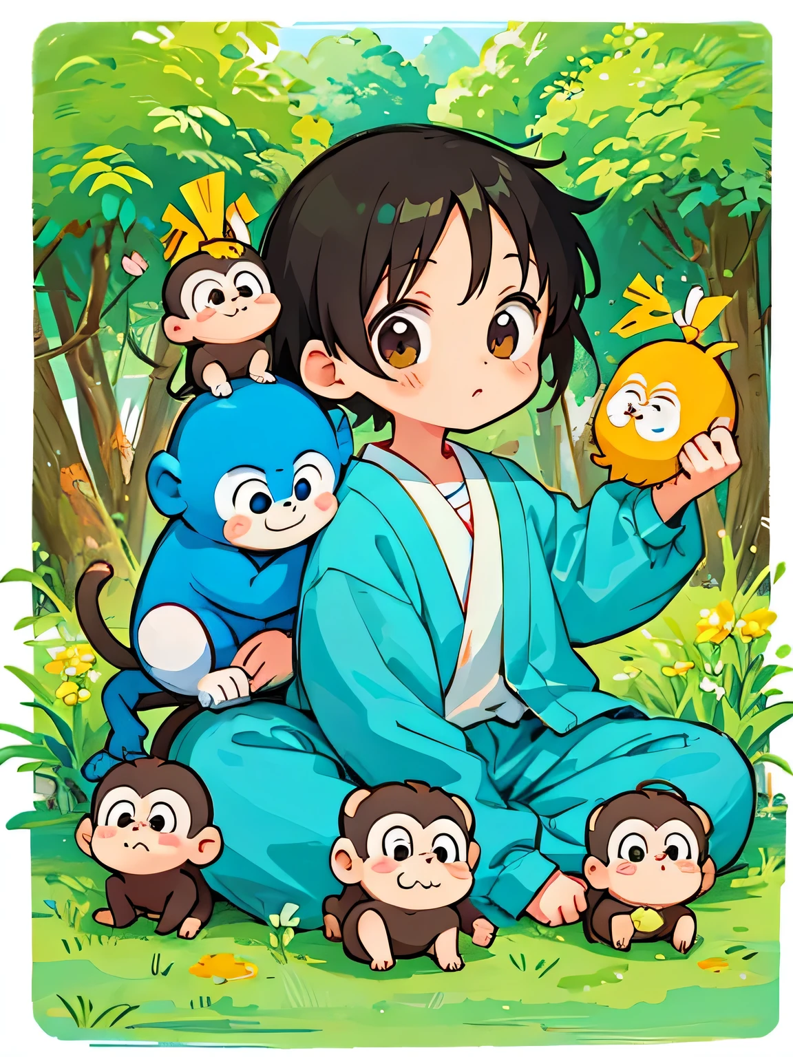 Fujio Akatsuka style, Kawaii Design, Chibi girl monkey, monkey Forest