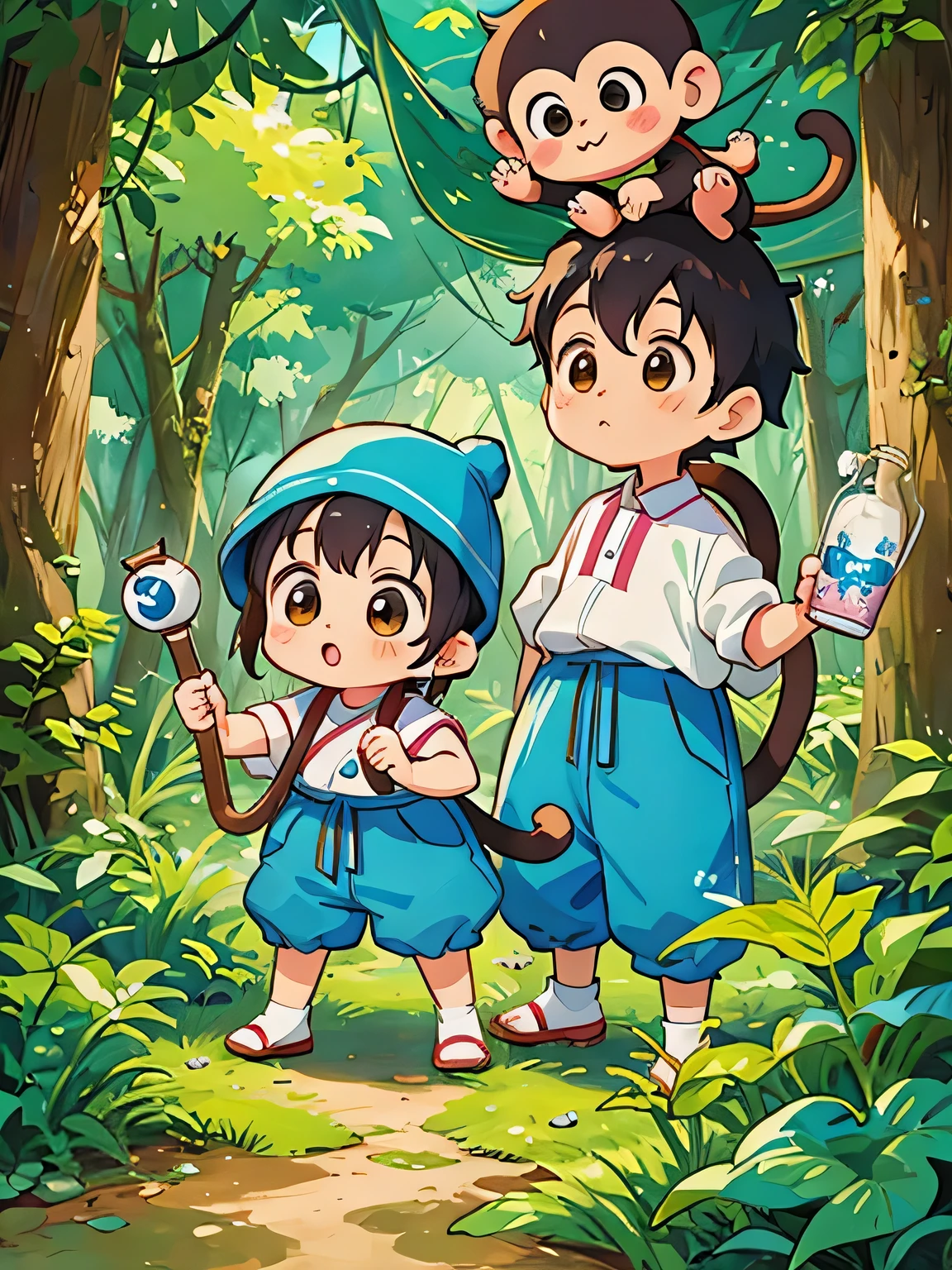 Fujio Akatsuka style, Kawaii Design, Chibi girl monkey, monkey Forest