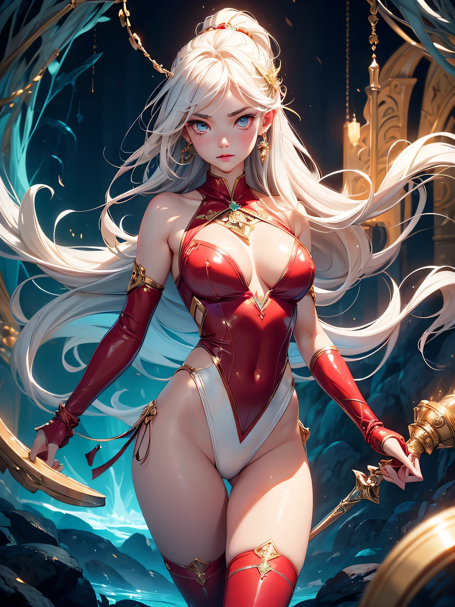 Master piece,best quality,ultra-detailed,high resolution,octane render,The overall image is of high quality, with a resolution of
8k.intricate details,absurdres,ultra hires,cute and beautiful girl,vndvalkyrie,(1 girl),beautiful face,seductive young girl,female focus,full body,(perfect body),cool,Her face is extremely detailed and expressive.kawaii,the girl exudes confidence and elegance,Her pose and expression convey a sense of empowerment and strength.blonde hair,single braid,glowing hair,shining glossy hair;1.4,She has long eyelashes that add to her captivating appearance,big bright green eyes, glowing eyes,enchanting bright eyes studded with gold and silver dust, wet crystal eyes,symmetrical eyes,large highlighted eyes,(finely detailed beautiful eyes),highly detailed face and hair,pale eyes,a well-defined nose,pinky skin,glowing and smooth skin,faint lips,plump lips,seductive and confident smile,standing,fighting stance,fist in hand,fist bump,open mouth,pointy breasts,(red cyber suit with micro skirt, gold accents,craftsmanship embroidery),gold hair ornament,(white side-tie panties),garter belt,Stockings,bare shoulders,Torn clothes,expensive,allure pose,(tentacle pit),red tentacle,black Choker with chains,bracelet with chains,silver earrings,{((hands with perfect five fingers,two beautiful perfectly shaped arms and legs, perfect anatomy: 1.3))}, Blushing face,emphasizing her facial expression and beautiful body lines,dynamic angle,from below,sweat,perspired,steam,wet,fantasy,in cave with tentacles,creating a visually stunning effect,adding to the overall appeal,excited expression towards the camera,psychedelic,light Red eyeshadow,from below,