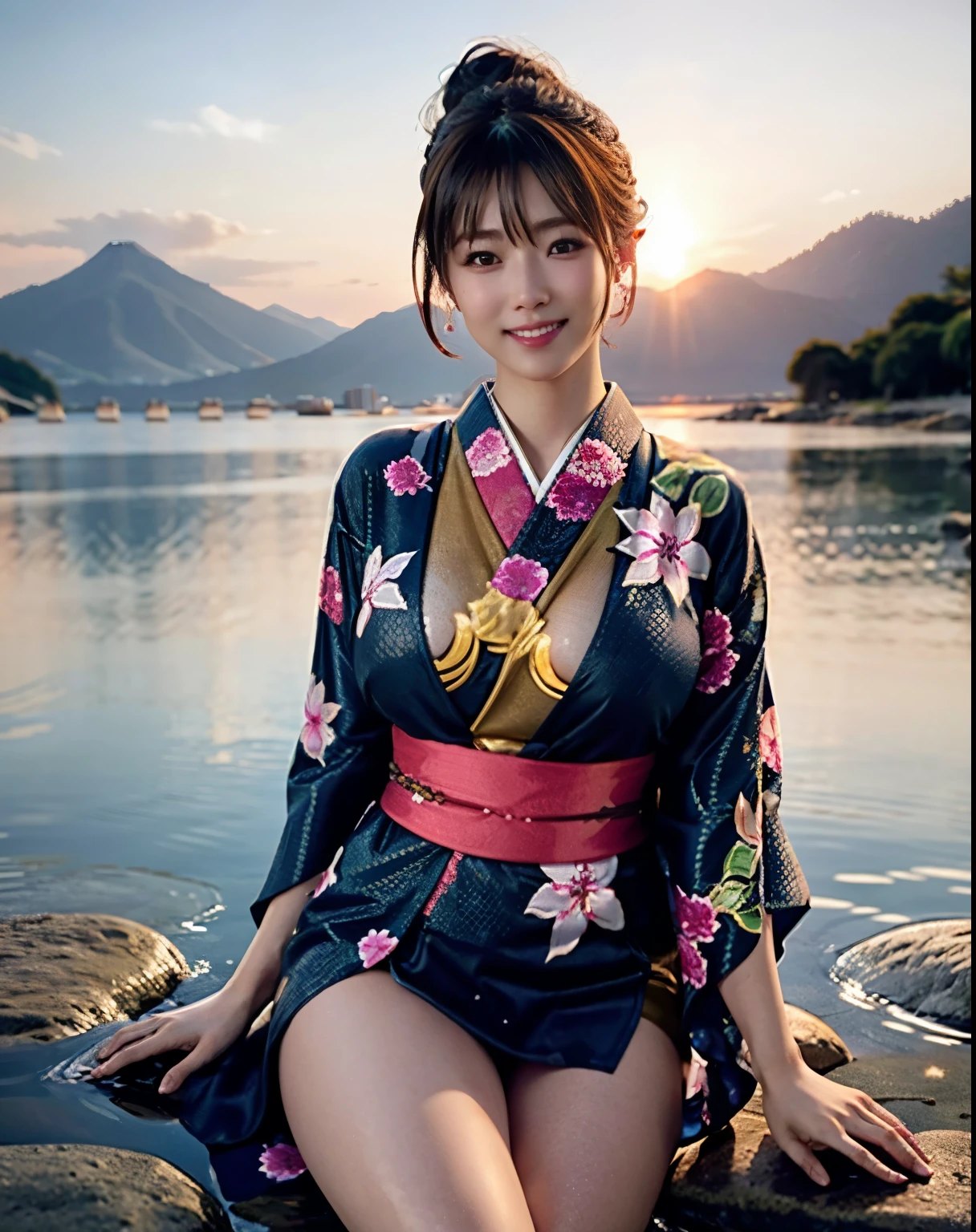 (Realistic:1.3), In detail, quality, Rembrandt Lighting, (masterpiece:1.2), (photoRealistic:1.2), (best quality), (Detailed skin:1.3), (Intricate details), Leg Details, Ray Tracing, One Girl, Japanese Girls, Age 25, Detailed skin texture, (blush:0.5), (It gives me goosebumps:0.5), Scattered beneath the surface of the water, smile, Big Breasts, Updo, bangs, Hair between the eyes, yukata, See-through kimono, firework, Exposing the breasts, The whole body to the toes, (hitozato:1.2), (evening, sunset, evening),