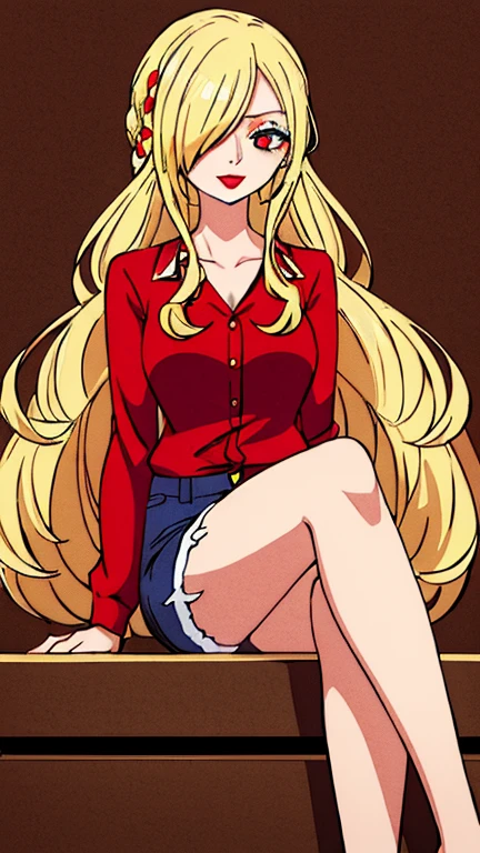 Beautiful anime girl, solo, 1girl, looking at viewer, cute, beautiful, red eyes, long hair, open hair, blonde hair, braided hair, smiling, light skin, red lips, anime, best quality, masterpiece, extremely detailed, 4k, red eyes, beautiful red eyes, detailed face, detailed eyes, extremely beautiful, high quality eyes, ((hair covering one eye)),  wanostyle, ((masterpiece)), (best quality), (extremely detailed), depth of field, sketch, dark intense shadows, sharp focus, soft lighting, hdr, colorful, good composition, spectacular, (Highest quality illustrations:1.2), (Kawaii Girl:1.1), (1girl in, solo:1.5), One pose、Neat and clean image、ultradetailed eyes:1.2), ((red-eyed、Blonde hair:1.5))、hair wavy、curlyhair, hair wavy、BREAK(top-quality、ultra-detailliert、highly detailed and beautiful、超A high resolution、Detailed arm:1.2), Wink, luxury room background, pirate, high quality jewelry, upper body, red shirt, dark blue jeans, knees up, sitting, heels, sideways,