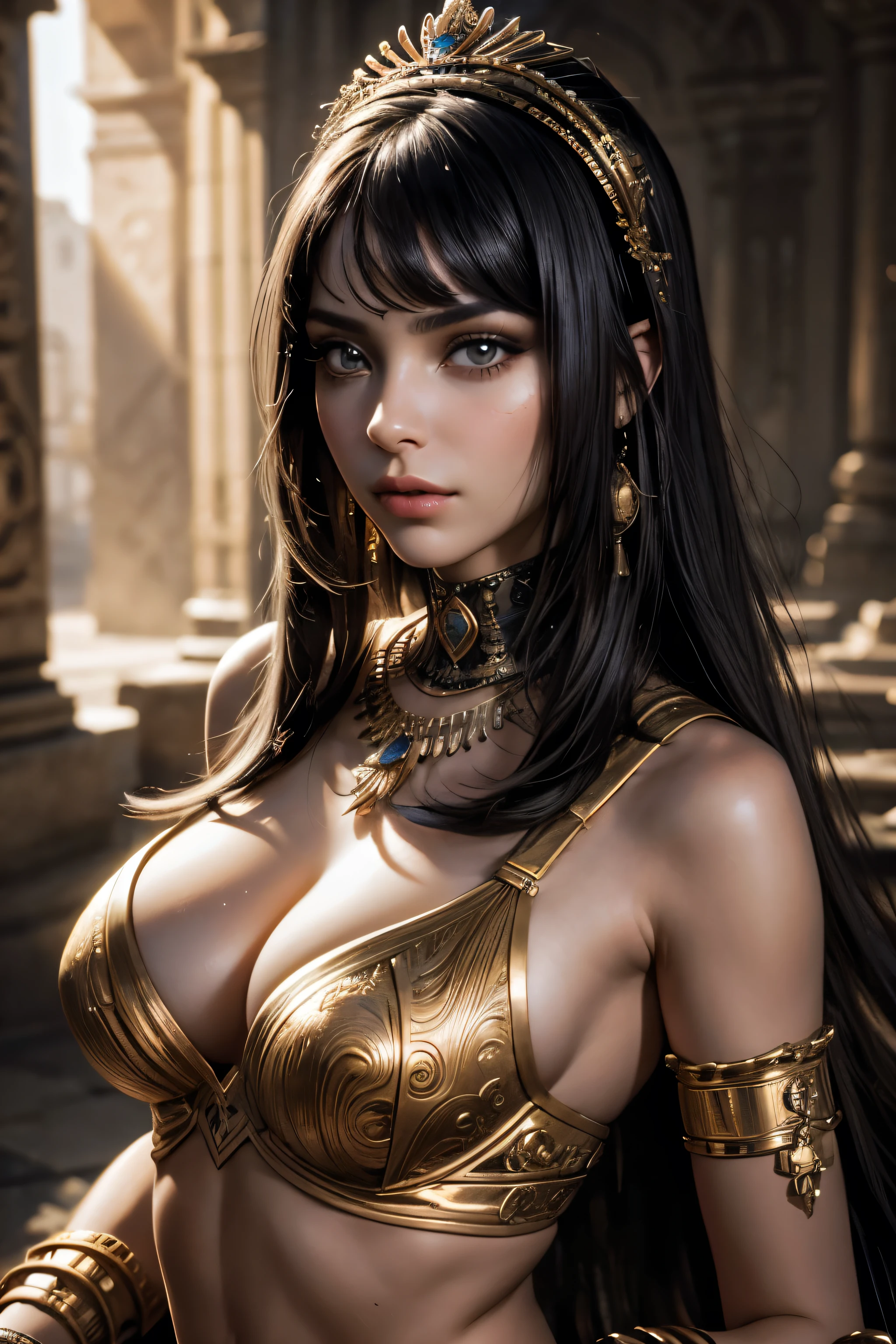 Obra maestra, 8k , , plano completo , 22 years old woman very realistic detailed skin , lenceria de cleopatra, cabello negro largo cuerpo perfecto mirada de accion, estilo ciberpunk