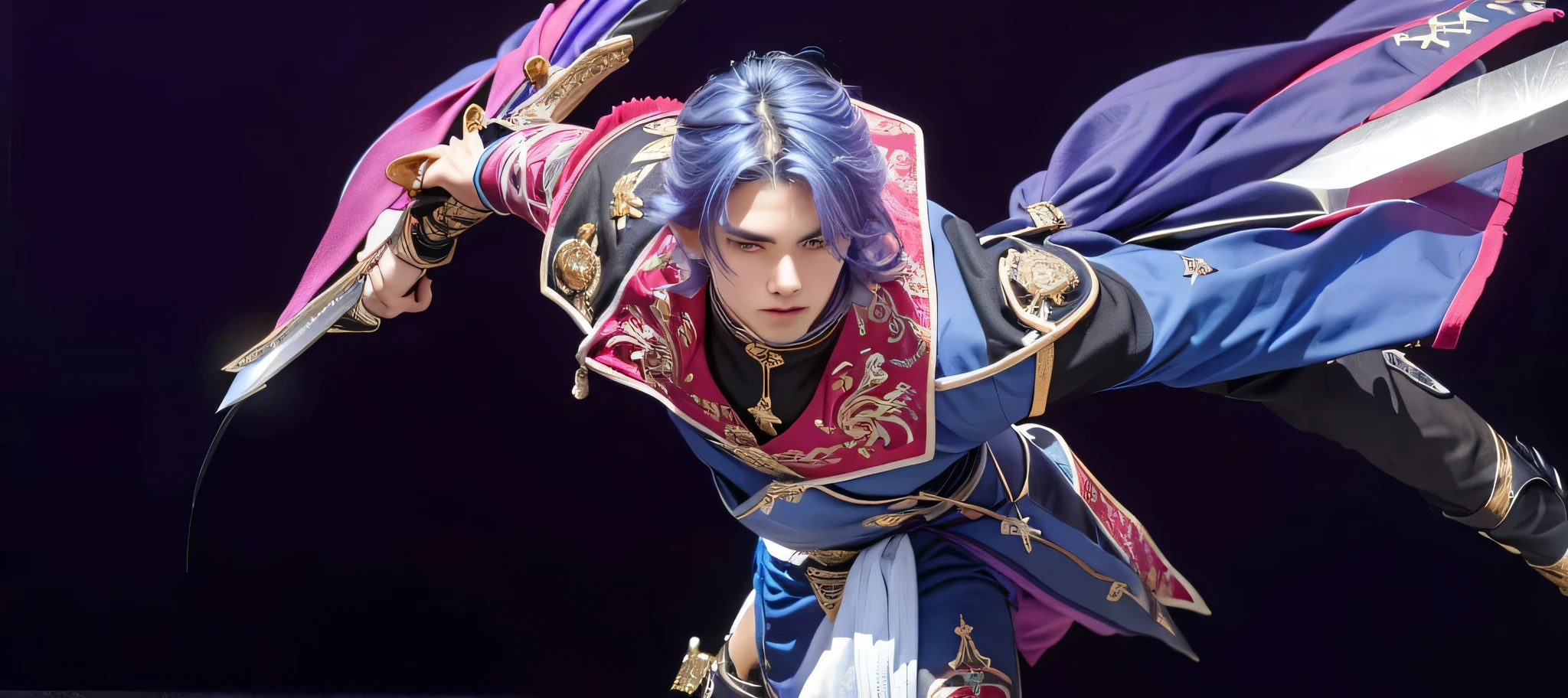 boy a close up of a person with a sword and a purple and blue outfit,