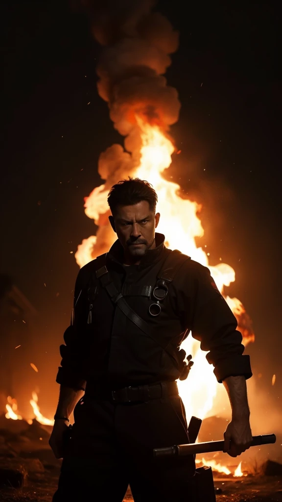 Fire with violence background. 8k realistic picture, 40years old men
