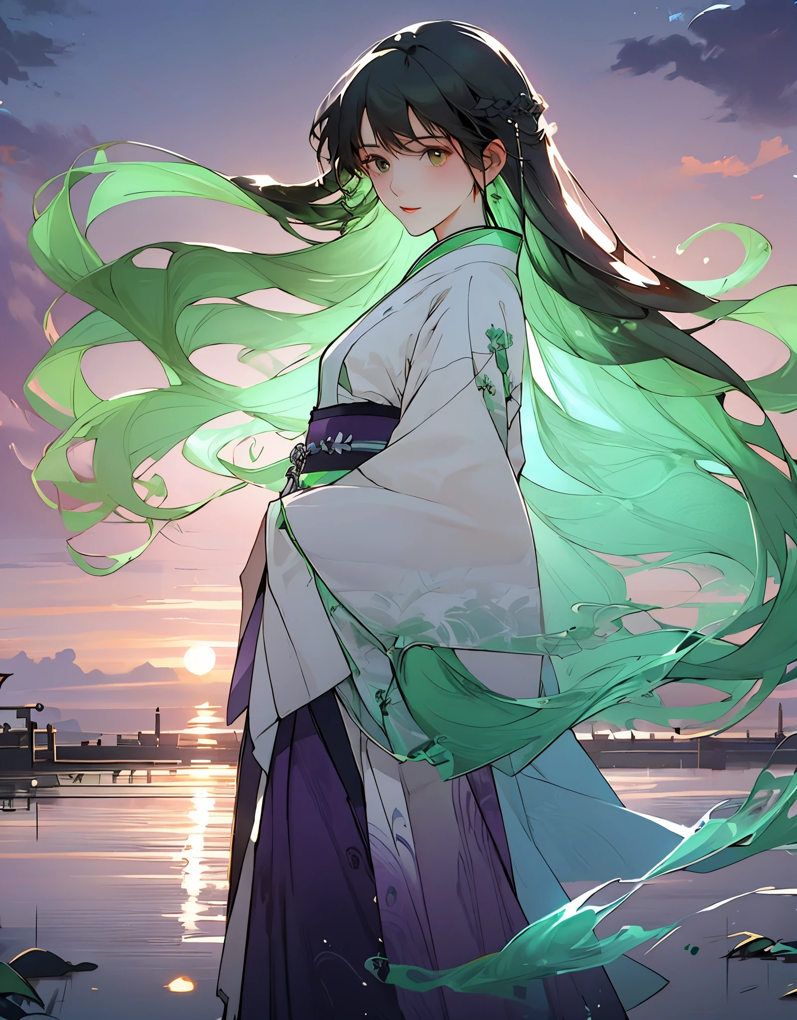 orange clouds, The male，Male，violet Hanfu，low camera angle, low camera, dark green hair，Long flowing green hair，purple clpthes，Ancient wind，Solid color clothes，The clothes do not have any patterns，laughingly，softlighting，water ink，sunset，low-saturation，low-contrast，floodlight