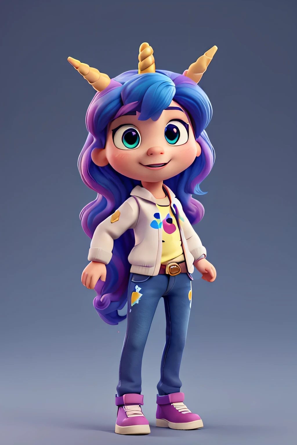 cartoon unicorn with blue hair and a black horn, (((painter's outfit, artist))) unicorn, white unicorn, unicorn from the tusk movie, blue unicorn, a unicorn, 3 d cavalo pet shop, unicorns, unicorn horn, bonitinho digital art, bonitinho 3 d render, bonitinho cartoon character, Chibi, bonitinho character, personagem toonix, anthropomorphic mare, my little Pony, bonitinho (((movimento)))