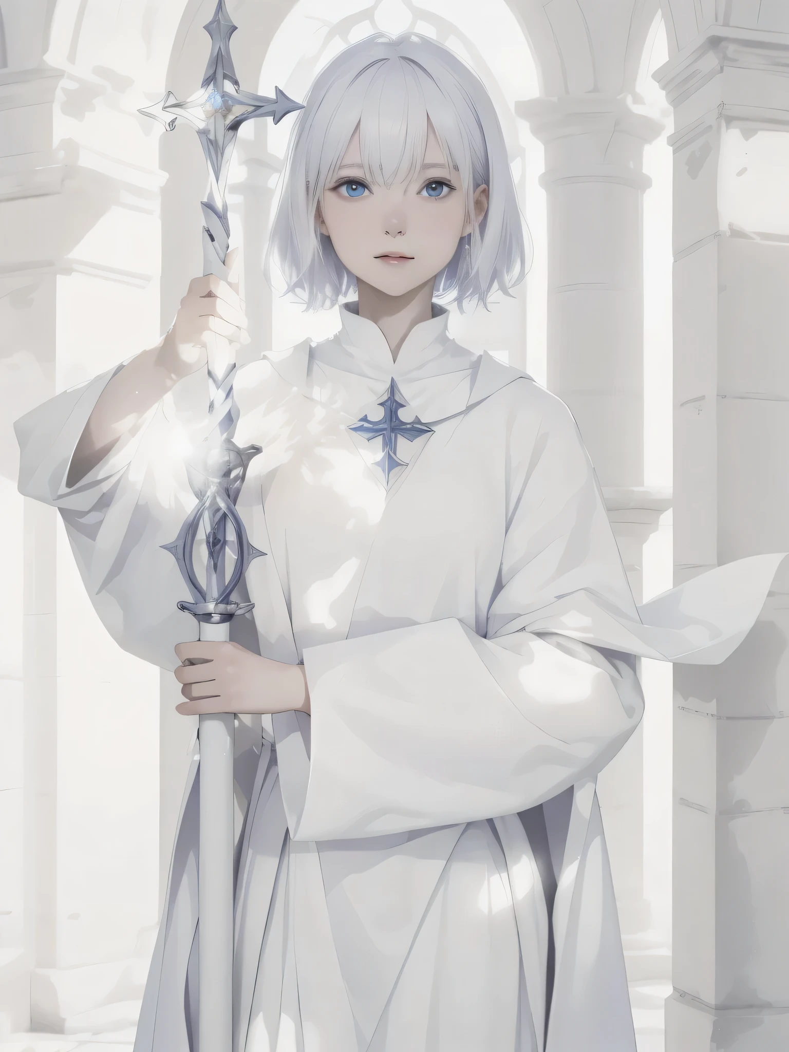 ((masterpiece、Highest quality、Highest quality、High resolution、Real、RAW Photos、8k))、1 albino priestess with very short hair、Wearing a milky white robe、Wearing thin and light armor、A holy staff that glows pale、A wand that casts magical effects、Against the backdrop of an old castle
