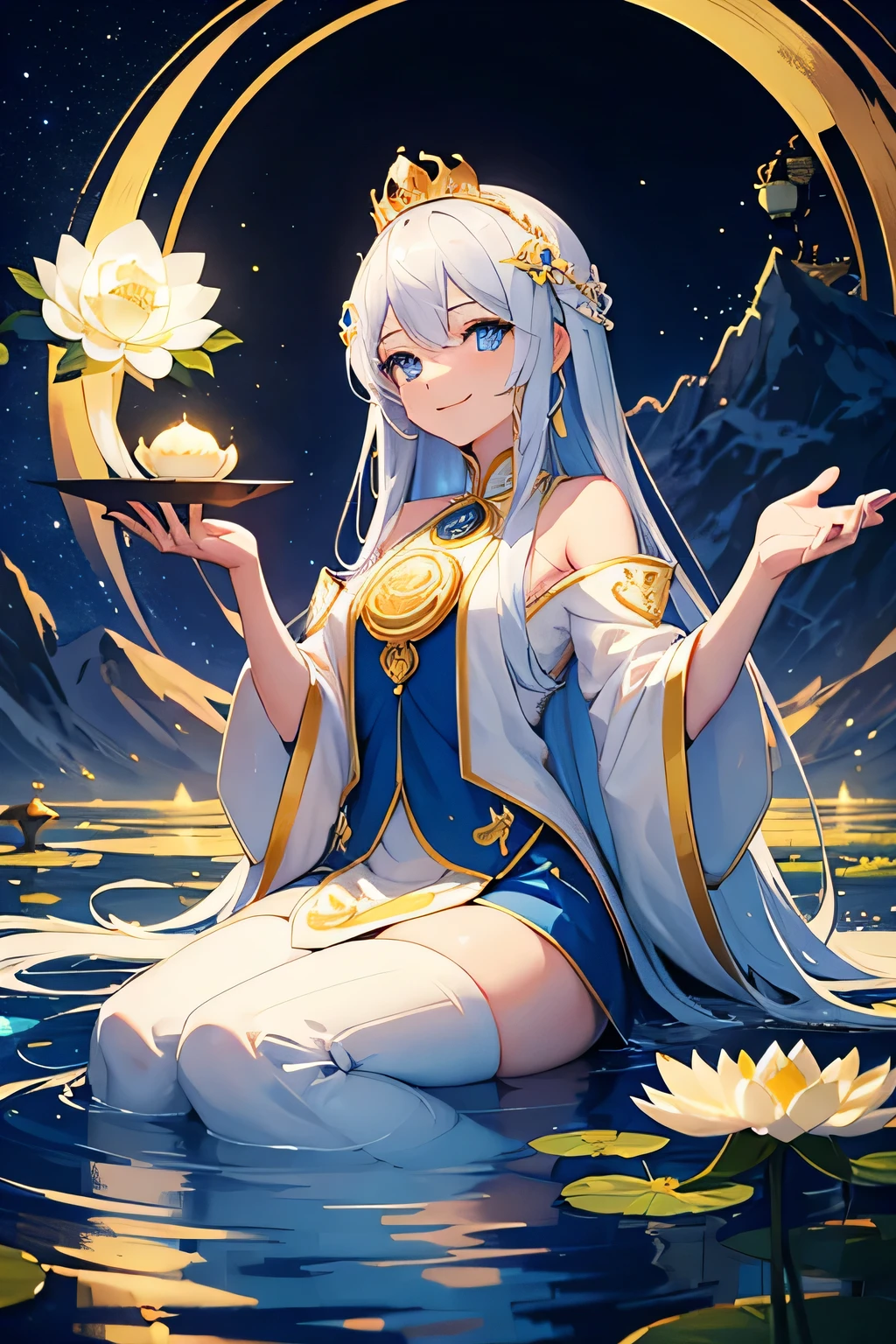 White long hair, blue sky eyes, gold crown in head, beautiful smile, sit on the big lotus, blue dress, clear night, fireflies, blue moon, Mountain background, lotus flower, river, letern, outstanding quality, 8k, high definition, illustration, high quality