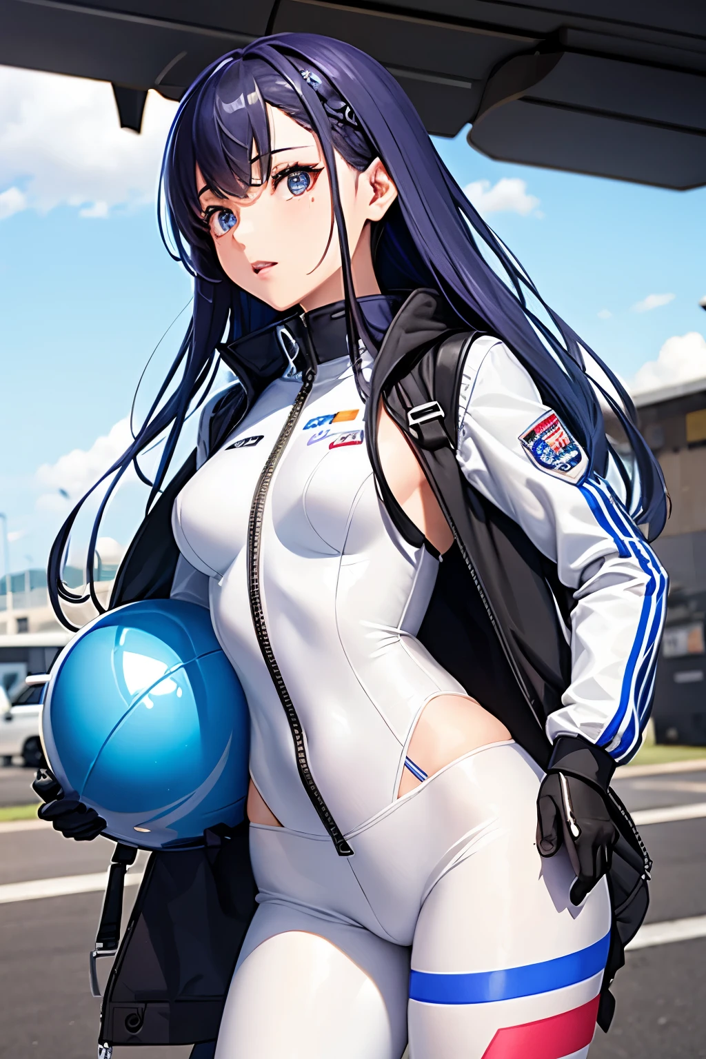 (((highest quality、first-clasasterpiece、Normal body、8k、Detailed face、Ultra-precision、Normal hand、Normal finger、5Finger、)))Brightly colored hair、Rainbow Hair、Tight pilot suit、In the middle of changing、Starts taking off pilot suit、The front zipper of his pilot suit is down、Showing off、White pants、White bra、