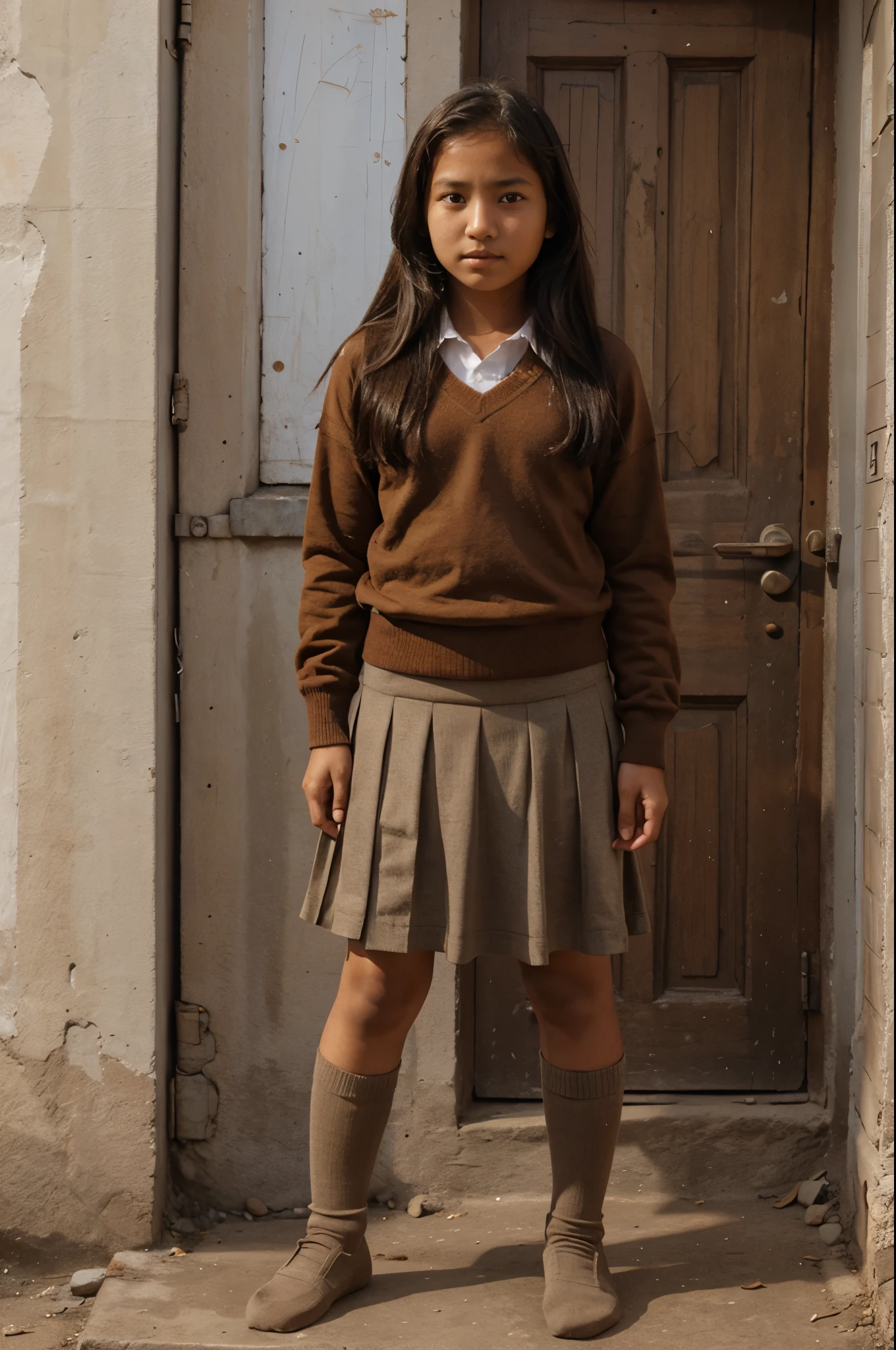 A 13 years old Nepali girl in a jk brown skirt and long socks