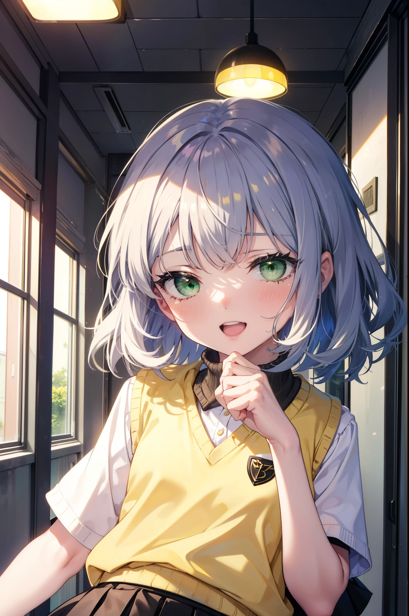 index, index, (Green Eyes:1.5), Silver Hair, Long Hair, (Flat Chest:1.2),teeth,happy smile, smile, Open your mouth, Put your chin on your hand,　　　　　　
white yシャツ, Short sleeve, Pleated skirt, Collared shirt, mini skirt, Black pantyhose, (Black Skirt:1.5), Sweater vest, (yellow Sweater vest:1.5),Brown Loafers,corridorを歩いている,Daytime,sunny,
break looking at viewer, Upper Body, whole body,
break indoors, School　corridor,crowd, people々々々,
break (masterpiece:1.2), highest quality, High resolution, unity 8k wallpaper, (shape:0.8), (Beautiful details:1.6), Highly detailed face, Perfect lighting, Extremely detailed CG, (Perfect hands, Perfect Anatomy),