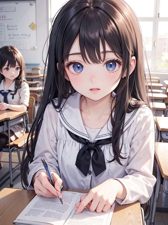 masterpiece, highest quality, Very detailed, 16k, Ultra-high resolution, Wide-angle shot, , Group of girls in class, Detailed face, Perfect Fingers, , classroom, chatting