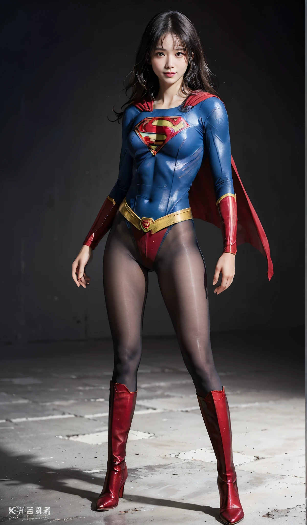 No background、(((Beautiful legs in black tights.)))、(((Legally express the beauty of your smile)))、((((Make the most of your original images)))、(((Supergirl Costume)))、(((Beautiful Hair)))、(((suffering)))、(((Please wear black tights....、Wear red boots)))、((Best image quality、8k))、((highest quality、8k、masterpiece:1.3))、(((Preserve background )))、Sharp focus:1.2、Beautiful woman with perfect figure:1.4、Slim Abs:1.2、Wet body:1.5、Highly detailed face and skin texture、8k