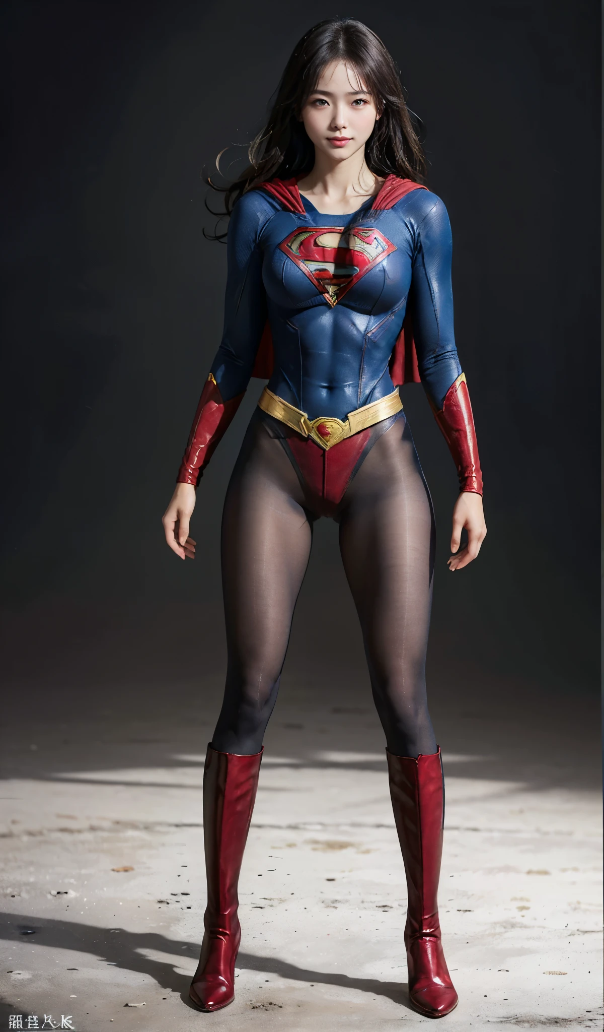 No background、(((Beautiful legs in black tights.)))、(((Legally express the beauty of your smile)))、((((Make the most of your original images)))、(((Supergirl Costume)))、(((Beautiful Hair)))、(((suffering)))、(((Please wear black tights....、Wear red boots)))、((Best image quality、8k))、((highest quality、8k、masterpiece:1.3))、(((Preserve background )))、Sharp focus:1.2、Beautiful woman with perfect figure:1.4、Slim Abs:1.2、Wet body:1.5、Highly detailed face and skin texture、8k