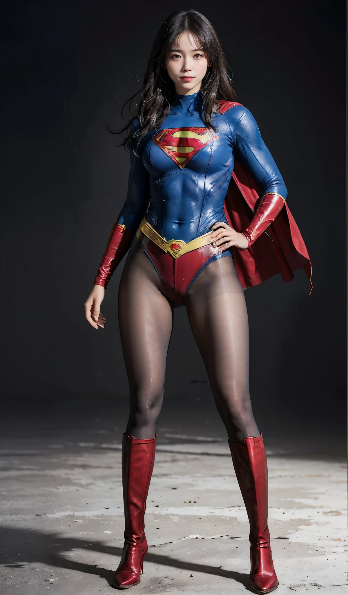 No background、(((Beautiful legs in black tights.)))、(((Legally express the beauty of your smile)))、((((Make the most of your original images)))、(((Supergirl Costume)))、(((Beautiful Hair)))、(((suffering)))、(((Please wear black tights....、Wear red boots)))、((Best image quality、8k))、((highest quality、8k、masterpiece:1.3))、(((Preserve background )))、Sharp focus:1.2、Beautiful woman with perfect figure:1.4、Slim Abs:1.2、Wet body:1.5、Highly detailed face and skin texture、8k