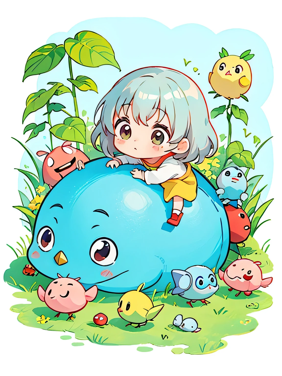 hayao miyazaki style, Kawaii Design, The most beautiful girl of all time、Chibi, Cute little birds、play together、Lots of pillbugs、Song of the Little Bird