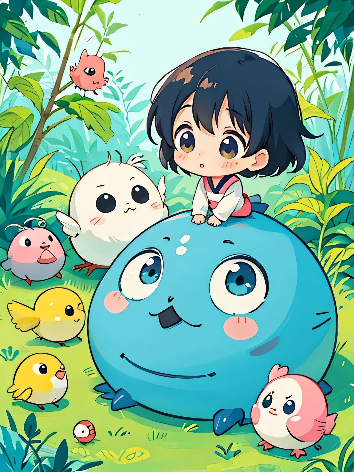 hayao miyazaki style, Kawaii Design, The most beautiful girl of all time、Chibi, Cute little birds、play together、Lots of pillbugs、Song of the Little Bird
